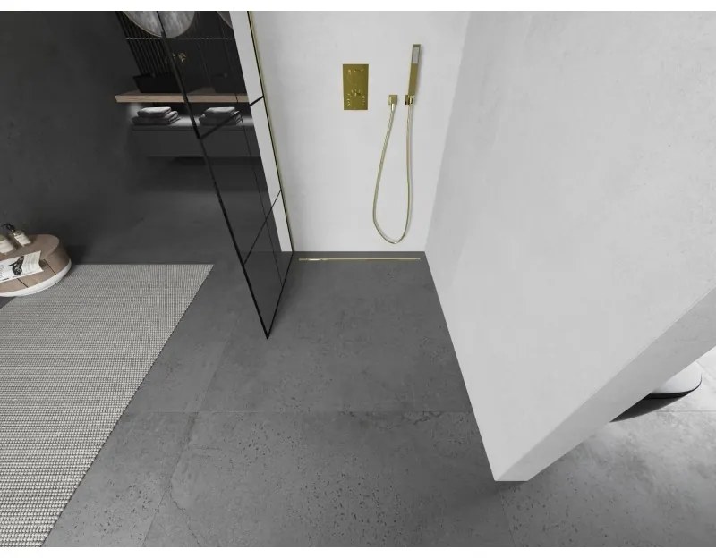 Mexen Kioto, sprchová zástena Walk-In 70 x 200 cm, 8mm číre sklo čierny vzor, zlatý matný profil, 800-070-101-55-77