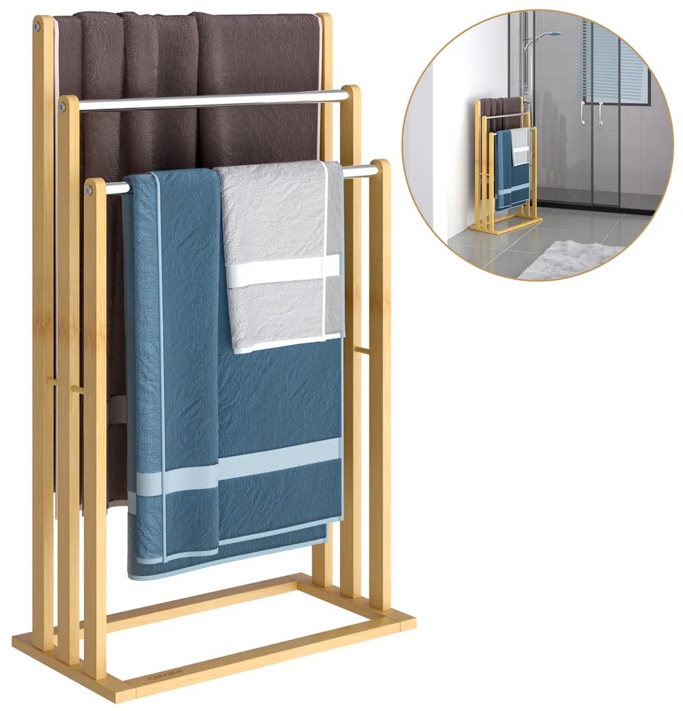 Bambusový stojan na uteráky RUBBY s kovovými tyčami, 46x24x84cm, hnedá/strieborná Casaria