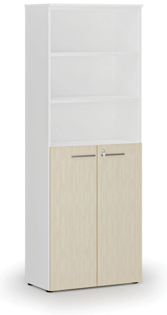 Kombinovaná kancelárska skriňa PRIMO WHITE, dvere na 3 poschodia, 800 x 420 x 2128 mm, biela/breza