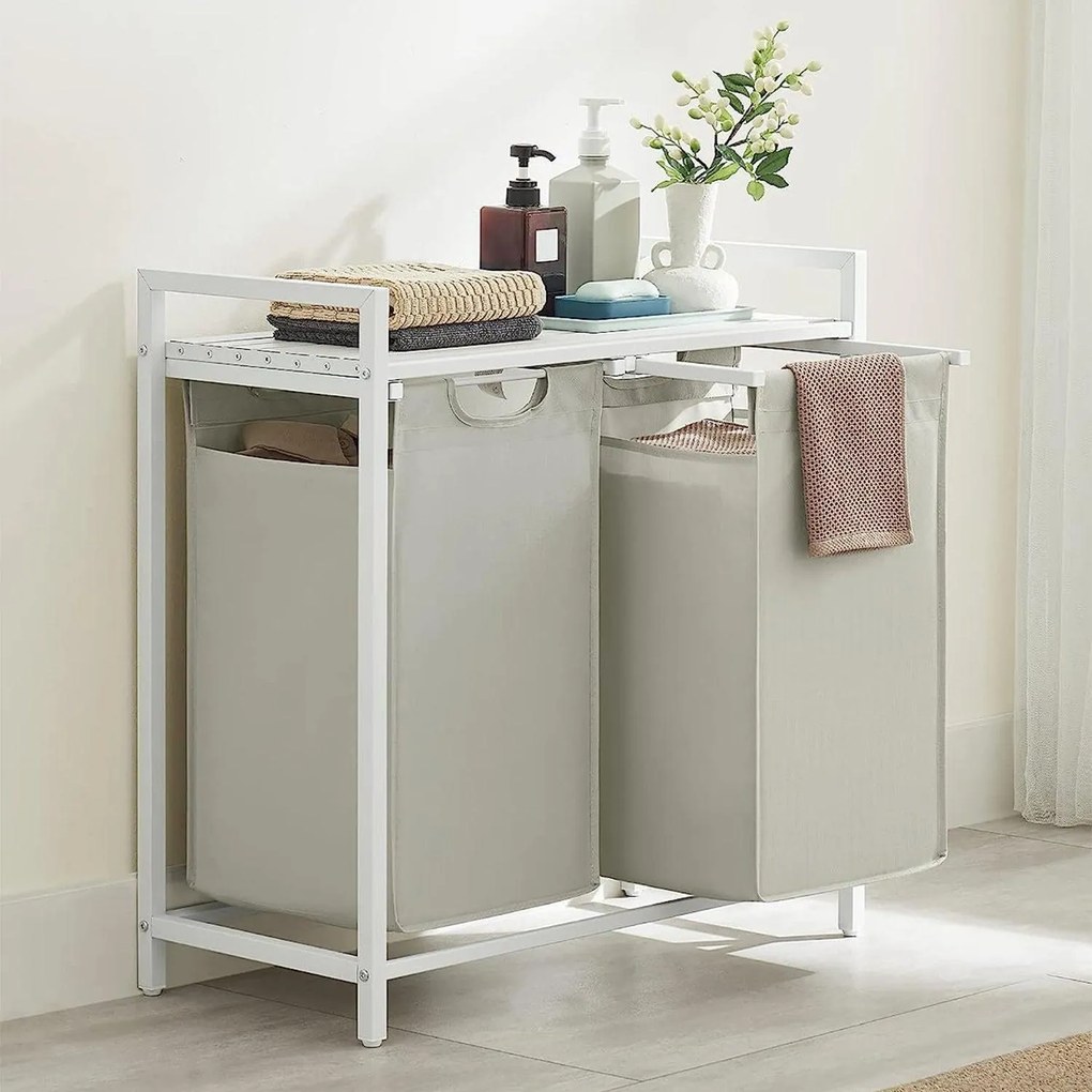 Kôš na bielizeň s 2 priehradkami, kovový rám, biela a sivá farba