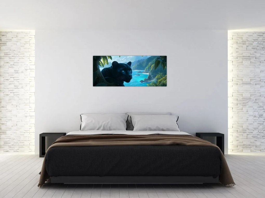 Obraz - Čierny panter v džungli (120x50 cm)