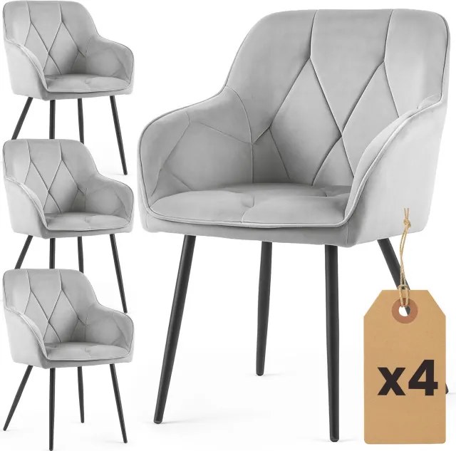Sada štyroch jedálenských stoličiek DIAMANTE zamatové, sivé / čierne nohy (4 ks)