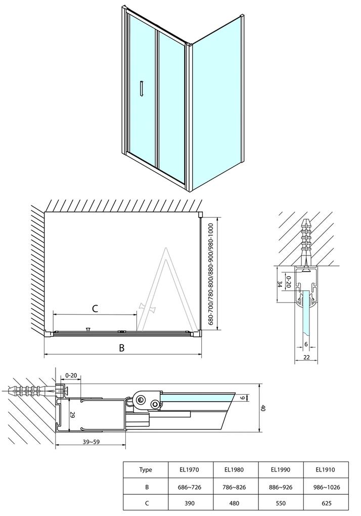 Polysan, EASY LINE obdĺžniková sprchová zástena 900x1000mm, skladacie dvere, L/P varianta, číre sklo, EL1990EL3415