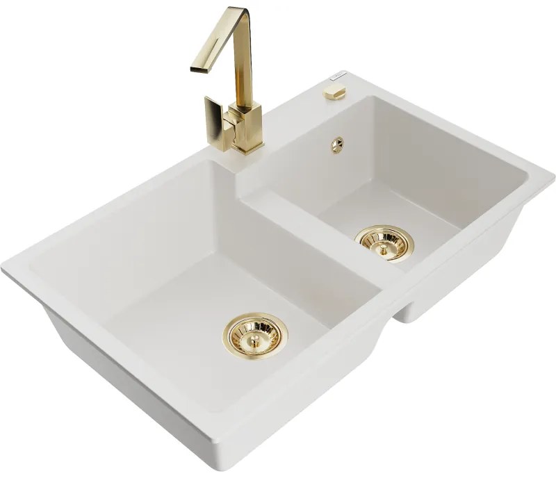 Mexen Tomas, granitový drez 800x500x190 mm, 2-komorový a zlatá batéria Rita, biela, 6516-20-670300-50