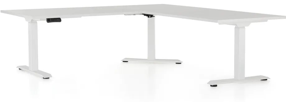 Výškovo nastaviteľný stôl OfficeTech Angle, 180 x 200 cm, biela podnož, svetlo sivá