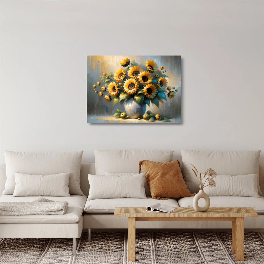 Sklenený obraz – Váza so slnečnicami (70x50 cm)