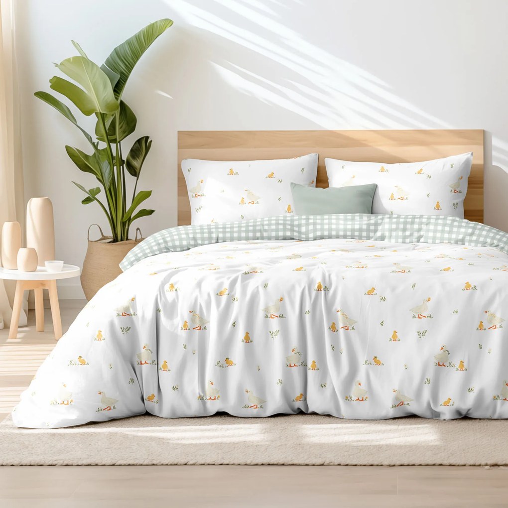 Goldea veľkonočné bavlnené posteľné obliečky - kačice so šalviovo zelenými kockami 140 x 220 a 70 x 90 cm