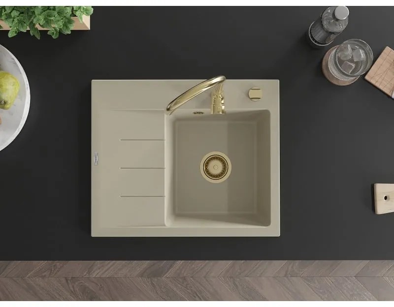 Mexen Ben, 1-komorový granitový drez 600x500x190 mm, pravý + zlatý sifón, béžová, 6523605000-69-G