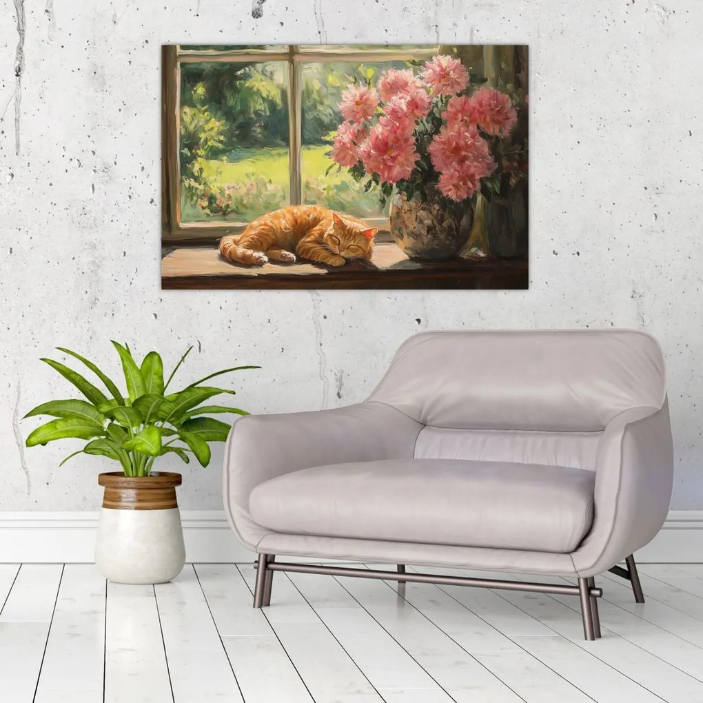 Obraz - Mačka na okne (90x60 cm)