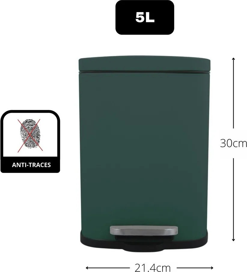 Tmavozelený nášľapný oceľový odpadkový kôš 5 l Akira – Spirella