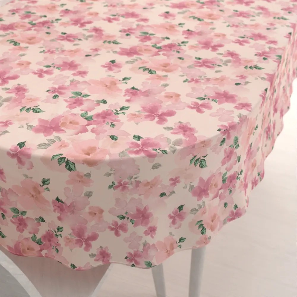 Biante Zamatový oválny obrus Tamara TMR-039 Ružovo-fialové akvarelové kvety na svetlo lososovom 130x220 cm