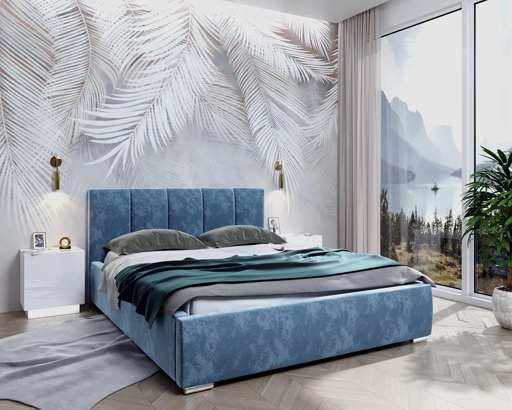 BRIGITTE 160X200 ČALÚNENÁ MANŽELSKÁ POSTEĽ MODRÁ ZAMATOVÁ LÁTKA S ÚLOŽNÝM PRIESTOROM