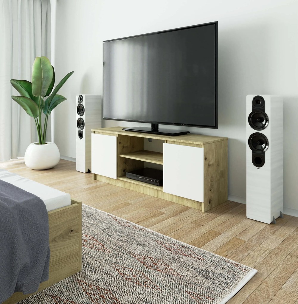TV stolík Kenji (dub artisan + biela). Akcia -14%. Vlastná spoľahlivá doprava až k Vám domov. 1070722