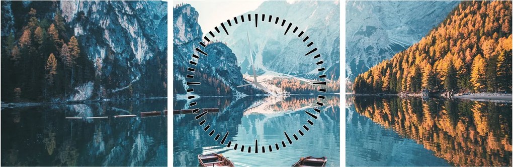 Obraz - Lode na jazere Braies (s hodinami) (90x30 cm)