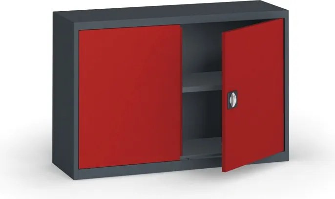 Plechová policová skriňa na náradie KOVONA, 800 x 1200 x 400 mm, 1 polica, grafit/červená