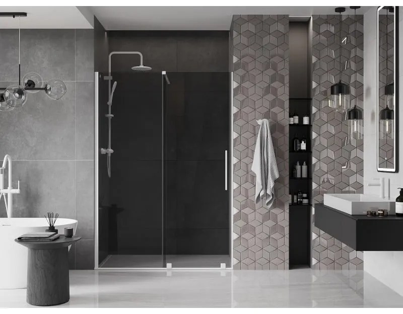 Mexen Velar, posuvné sprchové dvere do otvoru 150 cm, 8mm šedé sklo, biela matná, 871-150-000-41-20