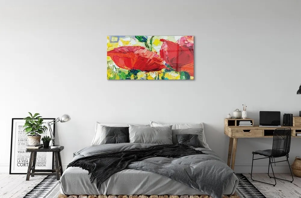Obraz na skle červené kvety 140x70 cm