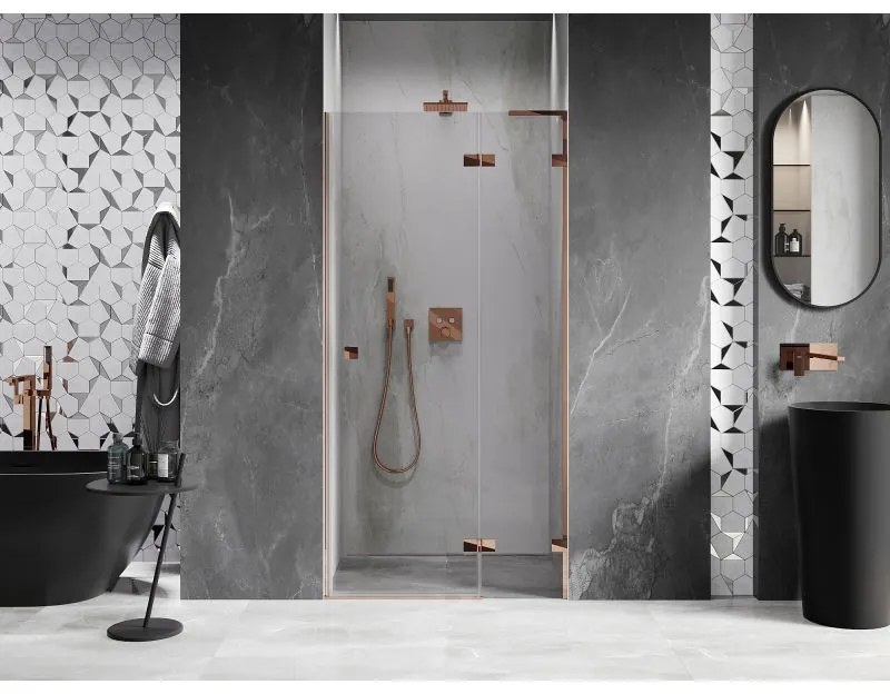 Mexen Lunar L, výklopné pravé sprchové dvere 110 cm, 8mm číre sklo, ružové zlato profil, 834L-110-000-60-00-P