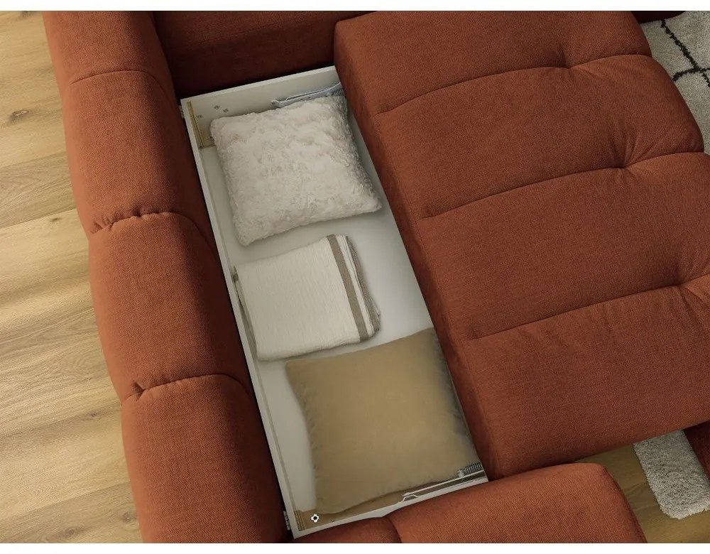 Rozkladacia/s úložným priestorom rohová pohovka v tehlovej farbe (pravý roh/do L) Fuji – Bobochic Paris