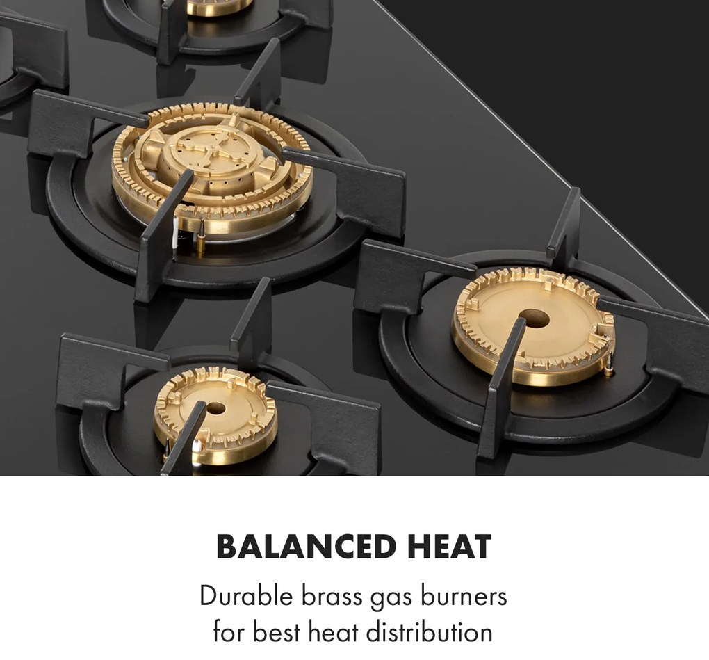 Klarstein Goldflame 5, plynová varná doska, 5 mosadzné horáky, sklokeramika