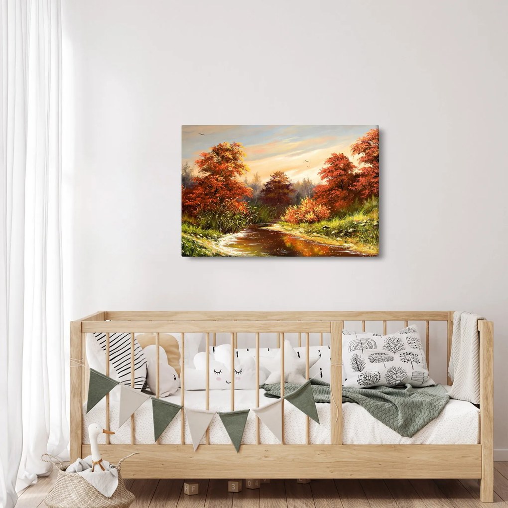Obraz rieky v jesennej krajine, olejomaľba (90x60 cm)