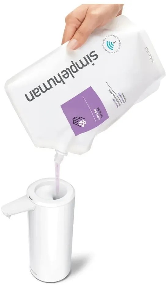 Biely bezdotykový kovový dávkovač mydla 266 ml – simplehuman