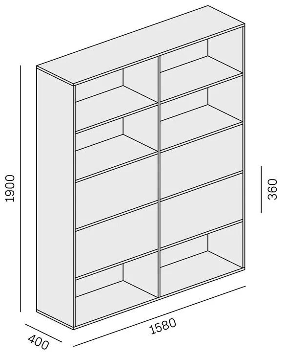 PLAN Široký kancelársky policový regál LAYERS, 4 boxy, 1582 x 400 x 1905, biela / sivá