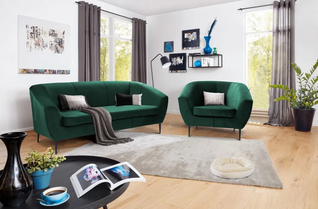 Trojmiestna pohovka Olivio, fľaškovo zelená zamatová  látka