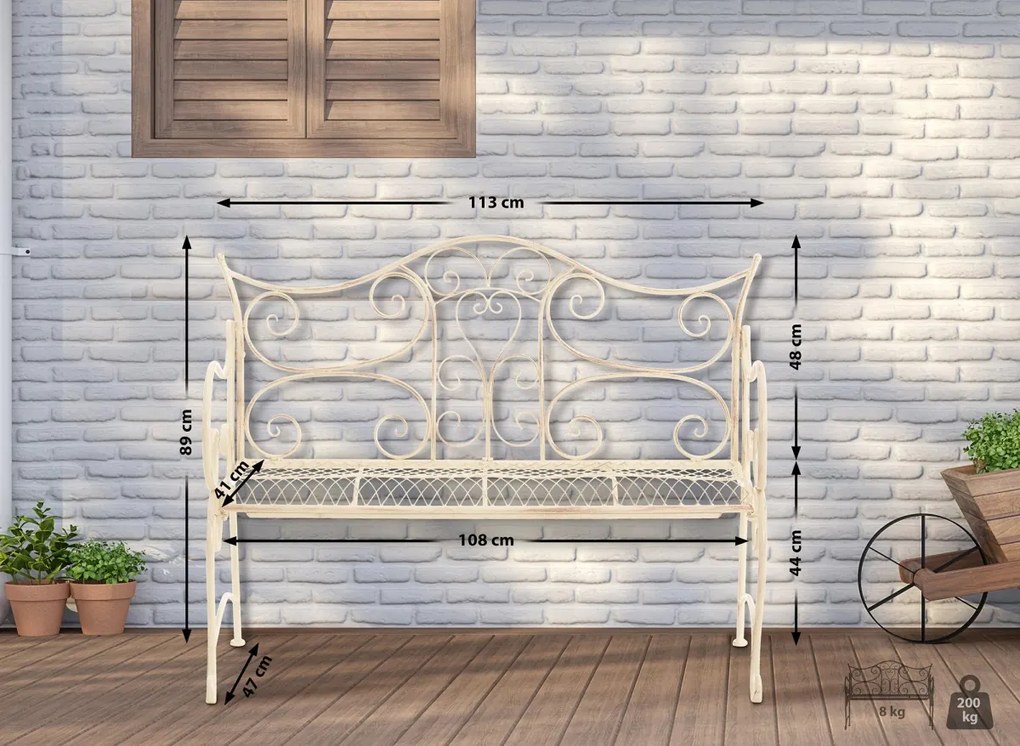 Rustikálna kovová lavička Tar - Krémová antik