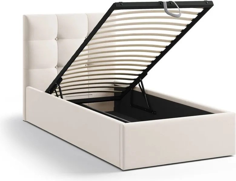 Krémová čalúnená jednolôžková posteľ s úložným priestorom s roštom 90x200 cm Phaedra – Micadoni