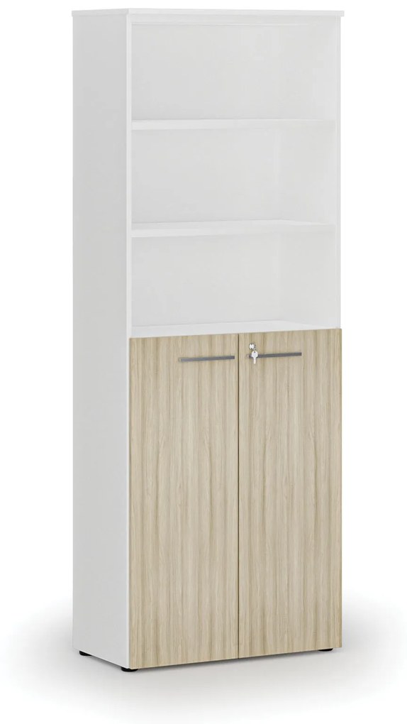 Kombinovaná kancelárska skriňa PRIMO WHITE, dvere na 3 poschodia, 2128 x 800 x 420 mm, biela/dub prírodná