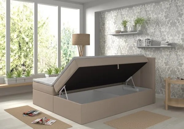 Čalúnená posteľ EMBER 160x200 cm s matracmi, topperom a úložným priestorom, béžová