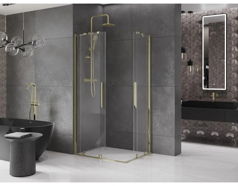Mexen Velar Duo, sprchový kút s posuvnými dverami 90(dvere) x 80(dvere) cm, 8mm číre sklo, zlatý lesklý profil, 871-090-080-02-50