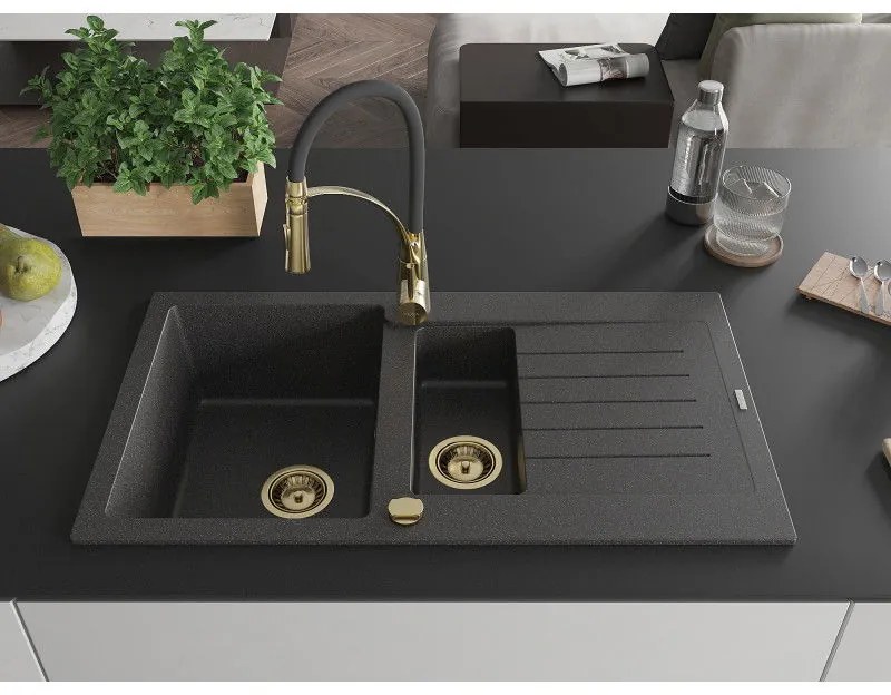 Mexen Matias, granitový drez 900x505x200 mm, 1,5-komorový a drezová batéria Aster, čierna škvrnitá, 6502-76-73450-57-G
