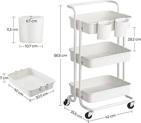 Mobilný vozík na kolieskach s 3 úložnými policami, s rukoväťou, biely