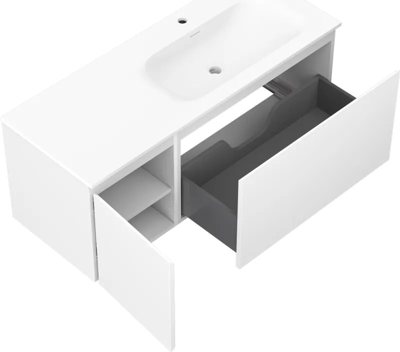 Mexen Orio, kúpeľňová skrinka 120 cm s pravým umývadlom Vela, 1S, 1D, biela matná, 91A13-12047-3-BBFF01-W23P01