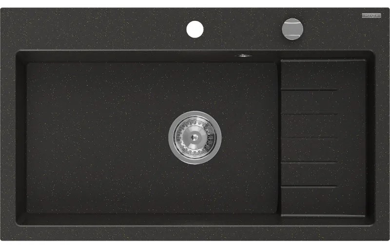 Mexen Omar, 1-komorový granitový drez 800x480x210 mm, čierna-zlatá metalíza, chrómový sifón, 6520801005-75