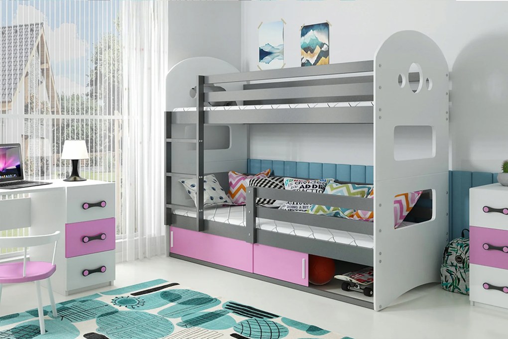 Interbeds Poschodová posteľ DOMINIK 163cmx86cm - sivo ružová