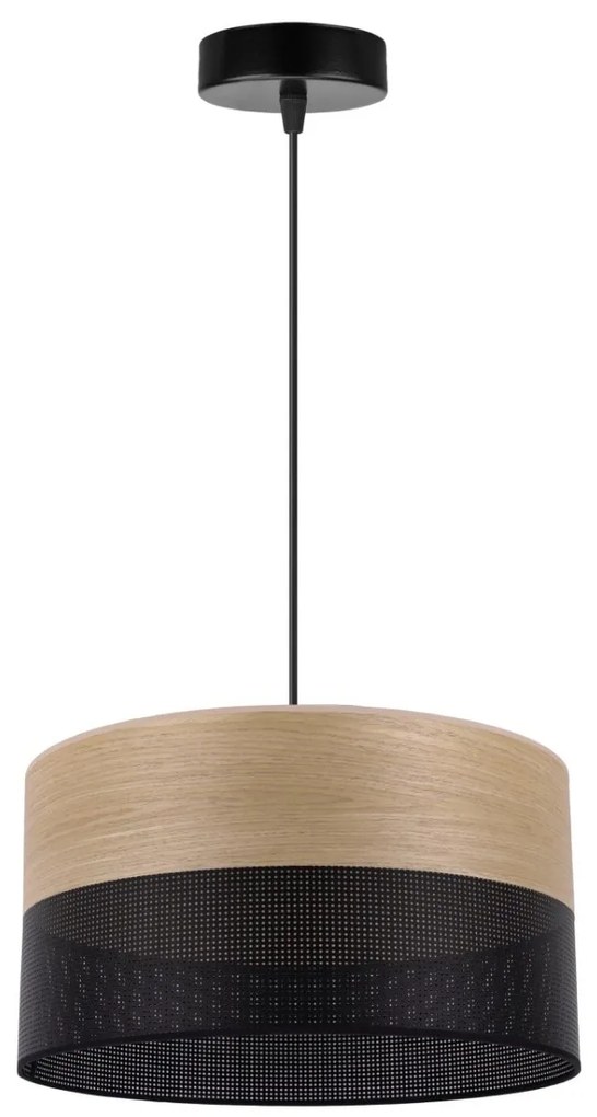 Závesné svietidlo Wood, 1x dýha zlatý dub/čierne PVC tienidlo, (fi 30cm)