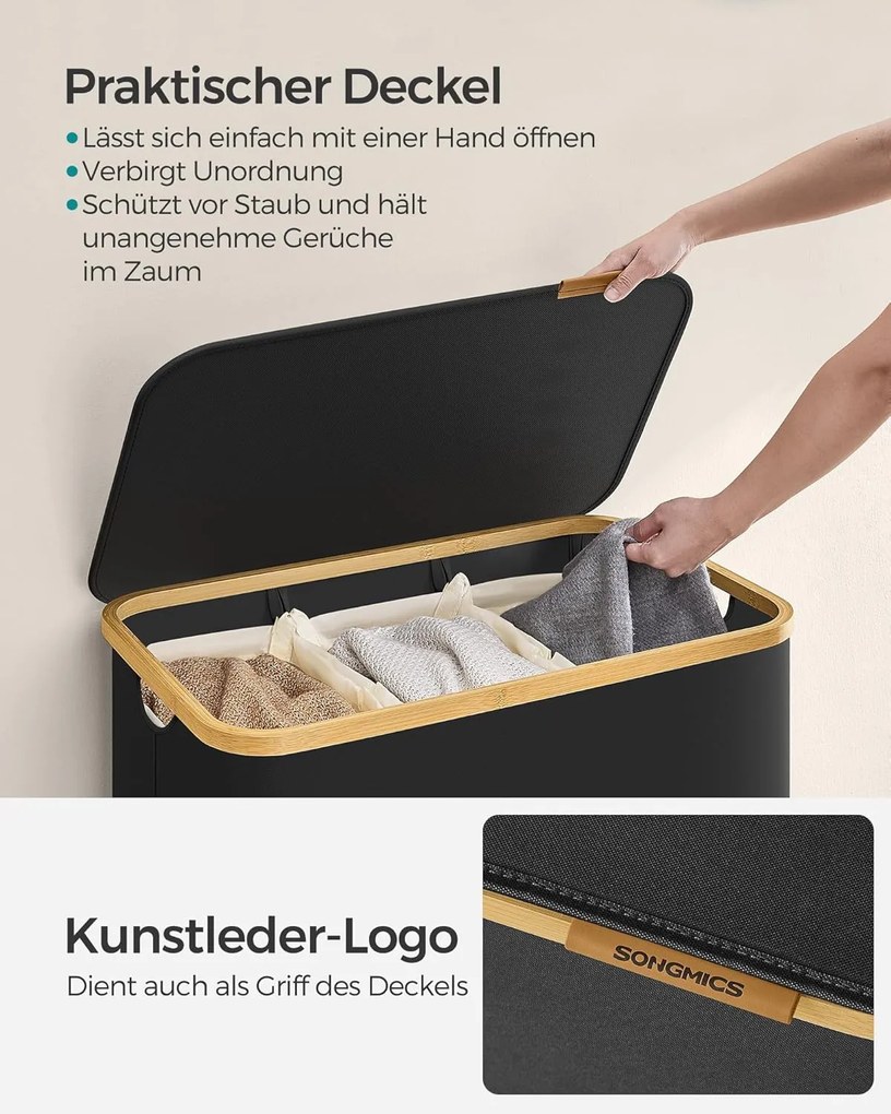 koš na prádlo s viečkom – 3 priehradkový zberný kôš na oblečenie, s objemom 150 l v čiernej farbe