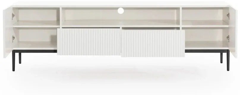 TV stolík Nicole 200 cm s otvorenou policou a zásuvkami - biely mat / čierne nohy