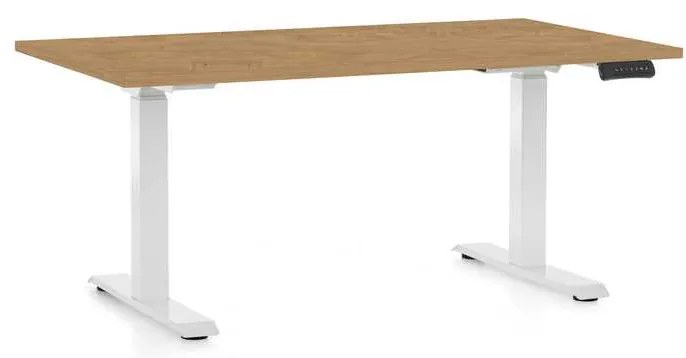 Výškovo nastaviteľný stôl OfficeTech D, 140 x 80 cm, biela podnož, dub kamenný