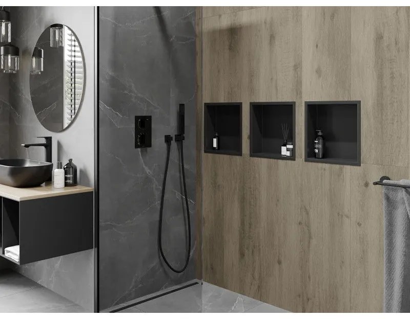 Mexen X-Wall-R, polička na zapustenie na obklad s golierom 30 x 30 cm, čierna matná, 1970303010