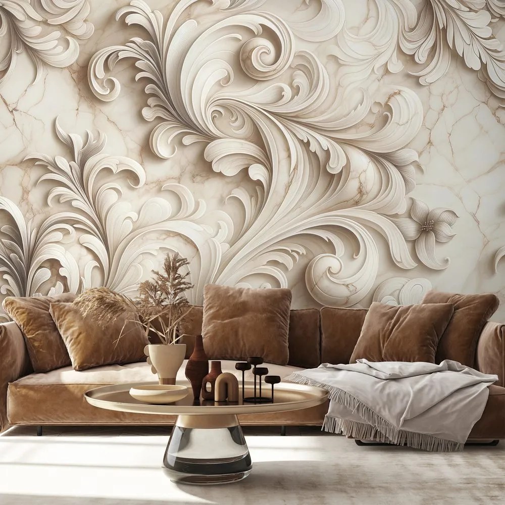Tapeta elegantné béžové ornamenty na mramore