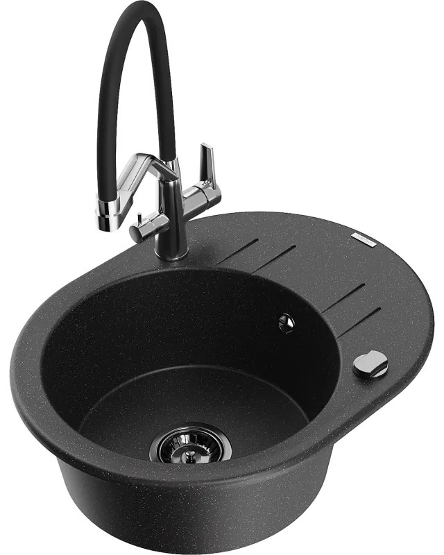 Mexen Kevin, granitový drez 586x458x190 mm, 1-komorový a biela batéria Duo, čierna-strieborná metalíza, 6517-73-671701-07-B