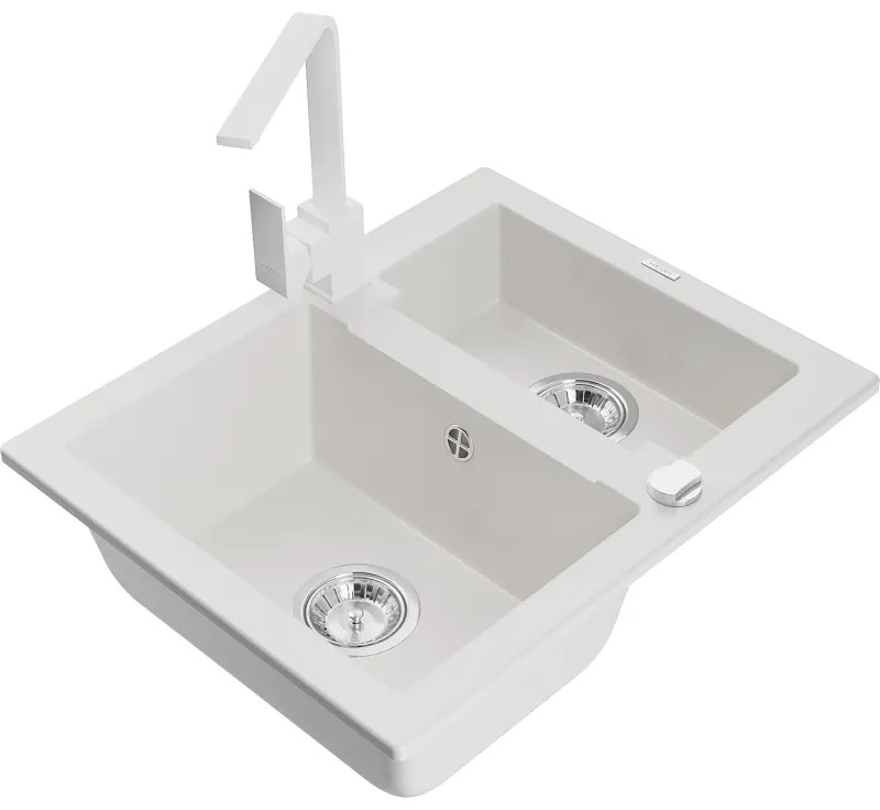 Mexen Carlos, 1,5-komorový granitový drez s odkvapkávačom 582x475x177 mm a biela kuchynská batéria Rita, biela, 6518-20-670300-20
