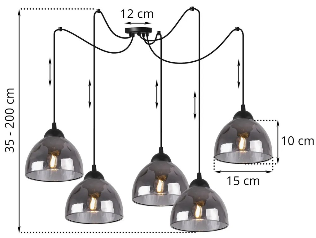 Závesné svietidlo Venice Spider, 5x grafitové sklenené tienidlo