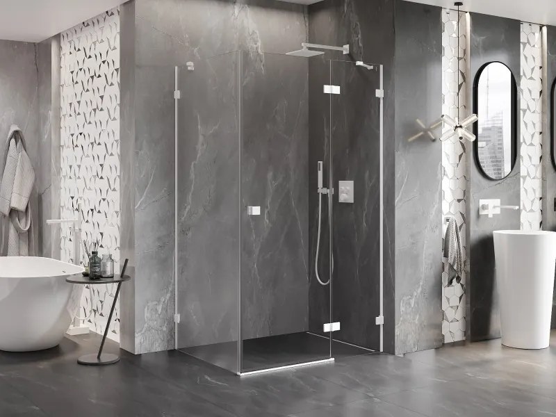 Mexen Lunar, pravostranný výklopný sprchový kút 70 x 90 cm, 8mm číre sklo, biely profil, 834-070-090-20-00-P