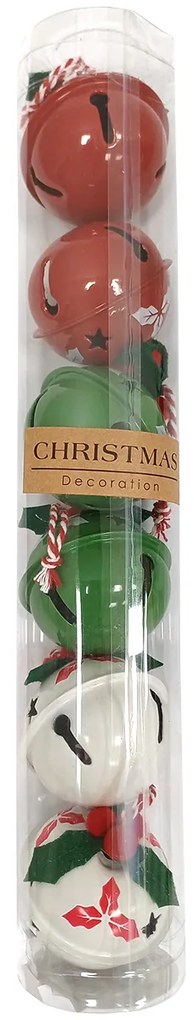 Súprava 6 ks vianočných rolničiek Holly, pr. 5 cm, červená-zelená-biela, kov, pr. 5 cm