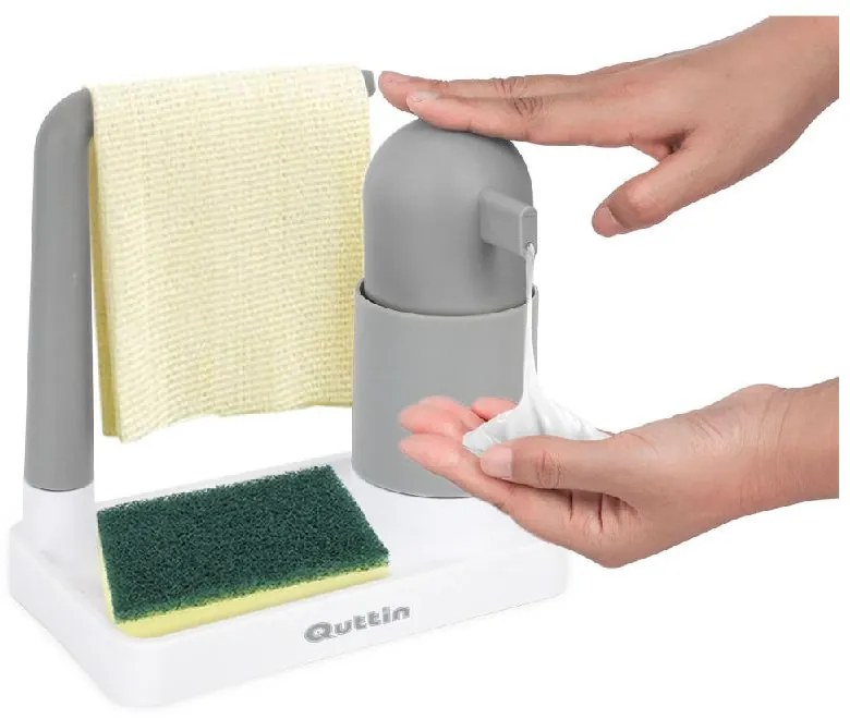 QUTTIN Dávkovač na jar s hubkou a stojanom na handričku, bielo-sivý plast